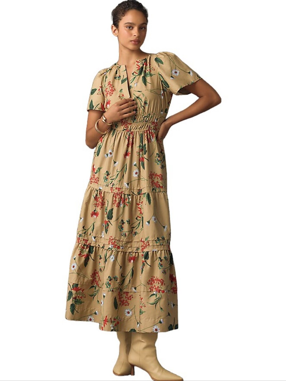 Anthropologie The Somerset Tan Floral Cottagecore Cotton Maxi Dress Size Small